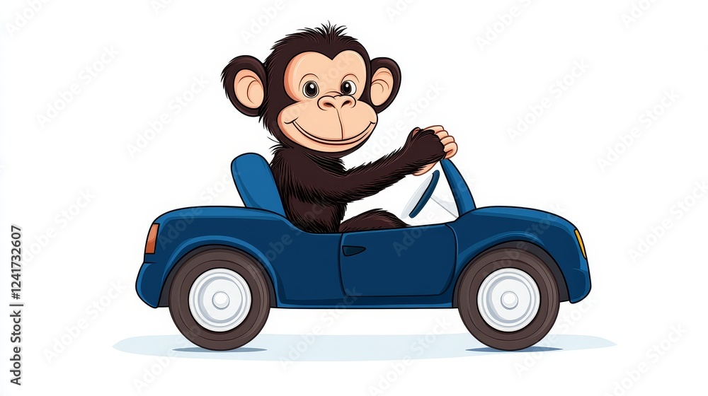 Fototapeta premium Chimpanzee Driving a Blue Car - A cheerful chimpanzee sits in a small blue car, smiling happily while holding the steering wheel.