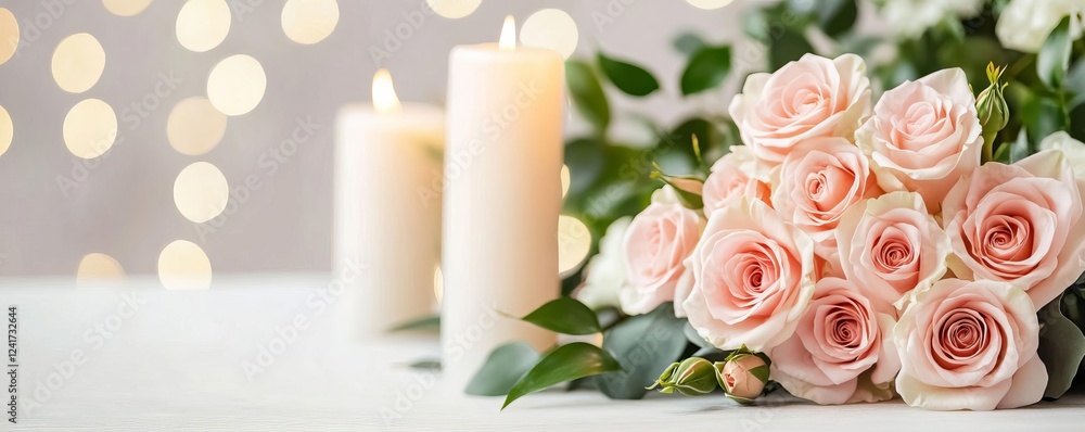Romantic wedding setup with soft pink roses and candlelight Romantic wedding setup with soft pink roses and candlelight
