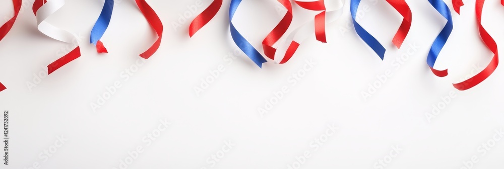 Fototapeta premium Festive Red White Blue Ribbons - Colorful ribbons in red, white, and blue arranged on a white background. Perfect for patriotic celebrations or festive designs.
