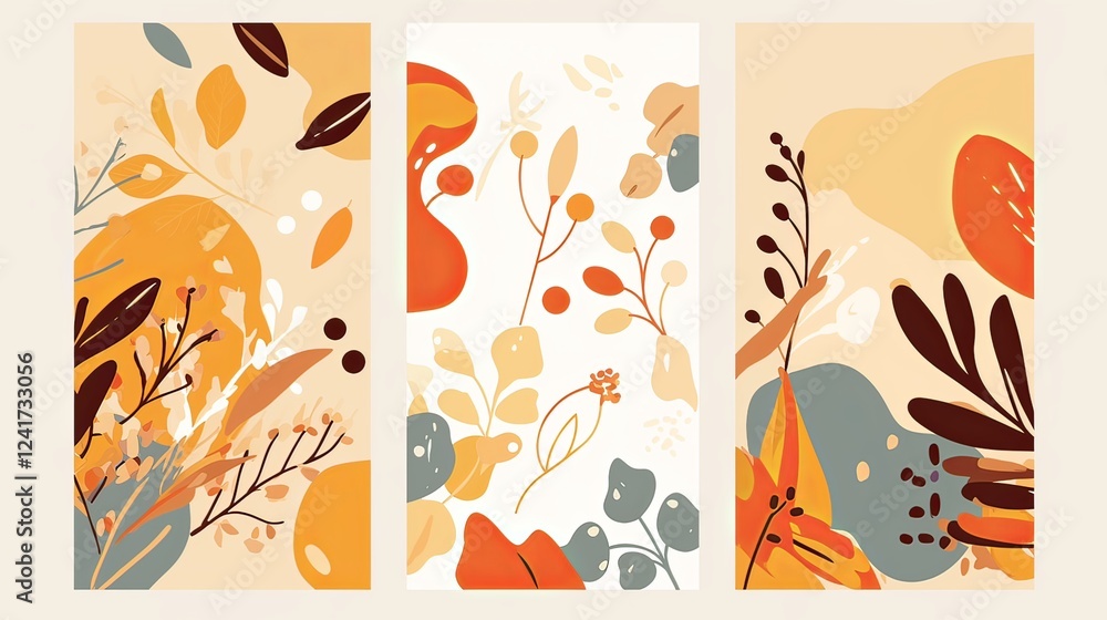 Naklejka premium organic shapes and floral elements in pastel colors, presented in a triptych format on a white background