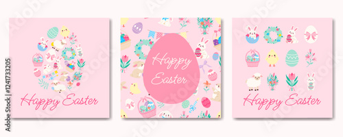 A set of three Easter cards with a pink background and a white border. The cards feature various Easter-themed images, including a bunny, a basket, and a wreath