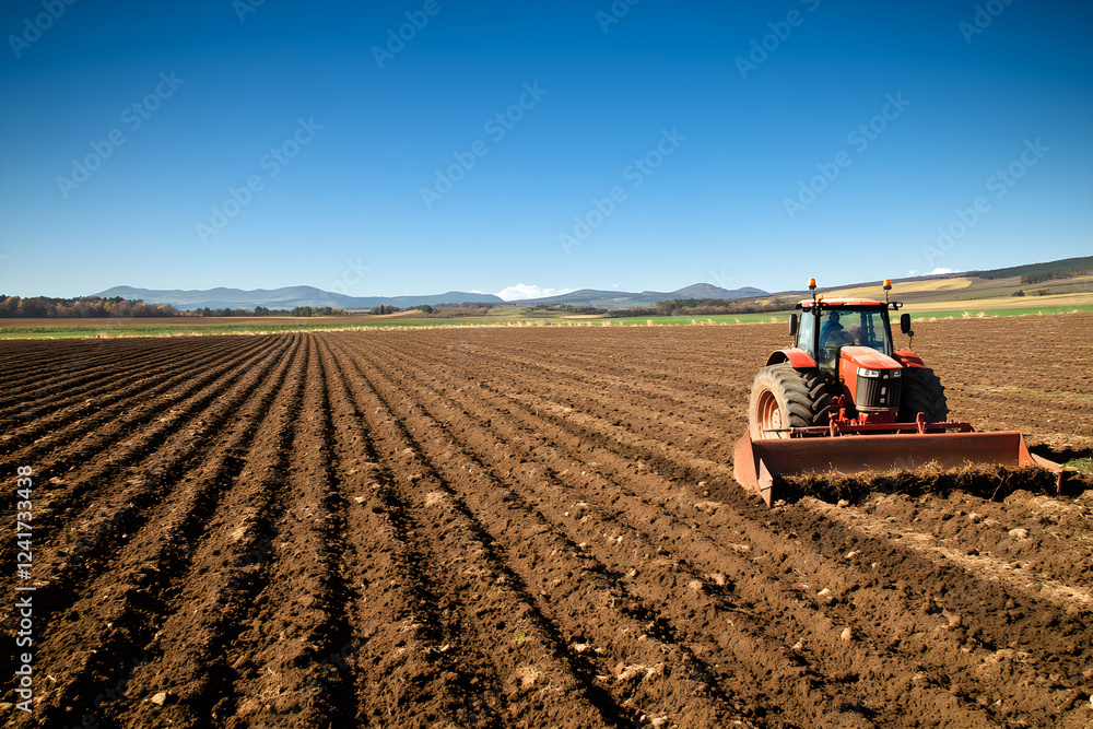 Modern Tractor Plowing Fields: Preparing the Soil for a Bountiful Harvest under a Clear Sky
