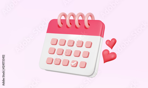 3D vector Pink calendar icon symbol valentine's day concept. Fly heart event schedule love planner design on isolated on pastel background. correct list agenda mark date website illustration
