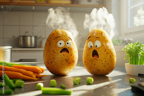 Funny 3D-rendered anthropomorphic potatoes with expressive faces steaming in a kitchen, surrounded by vegetables, representing humor, creativity, and food illustration. photo