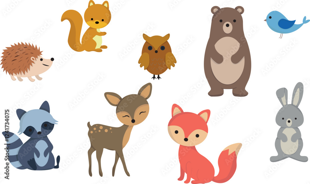 Fototapeta premium Vector illustration of forest animals. Cute fox, squirrel, raccoon, bear, deer, owl, hare, hedgehog, bird.
