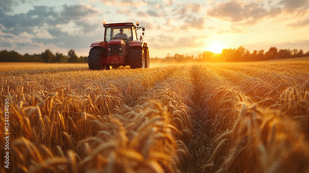 Farmer driving an old-fashioned tractor through a wheat field Farmer driving an old-fashioned tractor through a wheat field