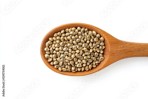 Peeled hemp seed and grain in wooden spoon isolated on white background