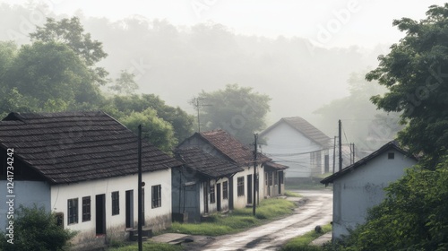 Wallpaper Mural Misty morning village street, houses, rural scene, calm background, stock photo Torontodigital.ca