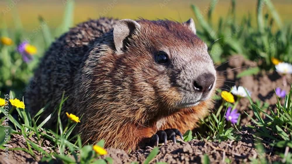 of an adorable groundhog emerging from its burrow, surrounded by vibrant spring flowers and lush green grass. of an adorable groundhog emerging from its burrow, surrounded by vibrant spring flowers and lush green grass.