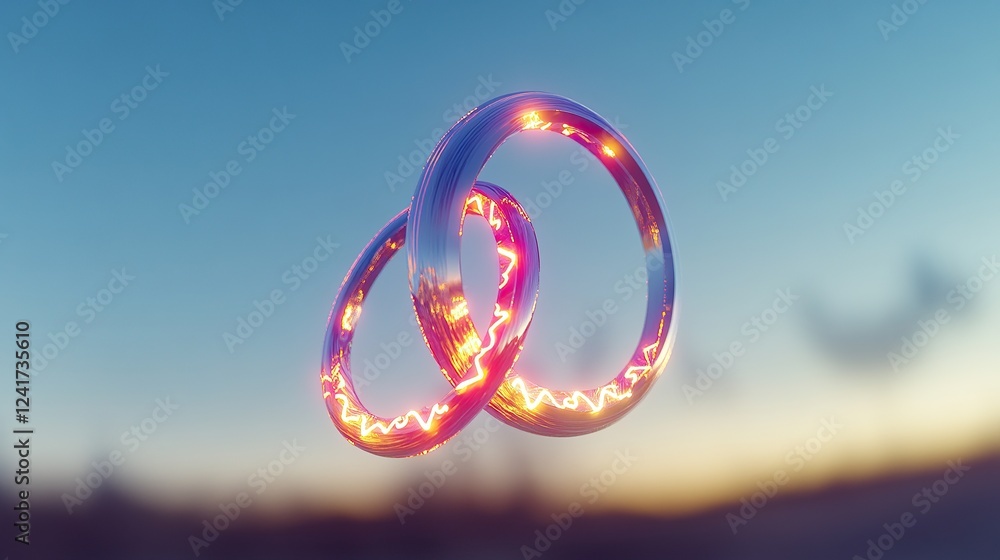 Fototapeta premium A minimalist pair of intertwined holographic rings floating mid-air in a crystal-clear virtual space
