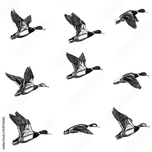 A set of nine black and white illustrations of mallard ducks in various flight poses