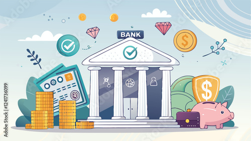 Adobe IllustratoBank and Finance Concept with Laptop, Coins, and Credit Card Iconsr Artwork