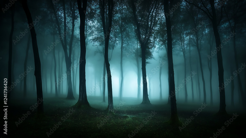 Fototapeta premium A forest with trees in the background and a foggy sky