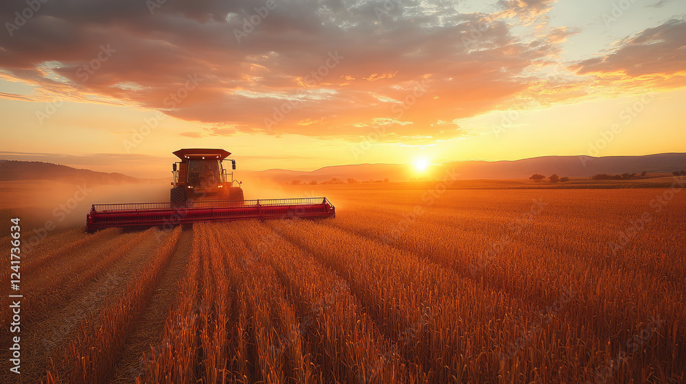 Fototapeta premium Farmer driving a combine harvester at sunset