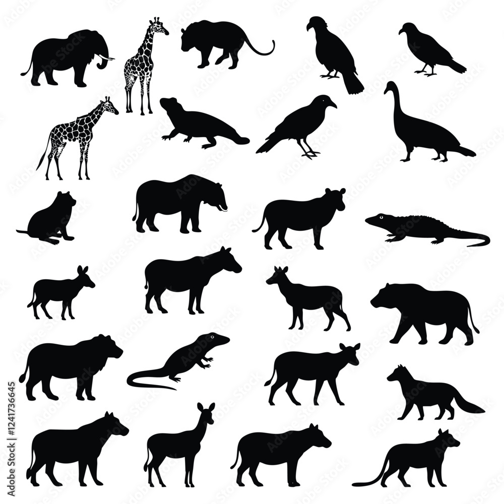 Obraz premium a collection of various wild animal silhouettes, in black on a white background