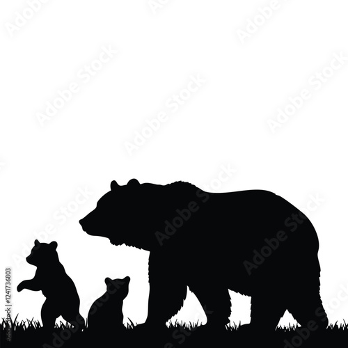 A striking silhouette of a bear mother with two cubs, standing in a grassy meadow