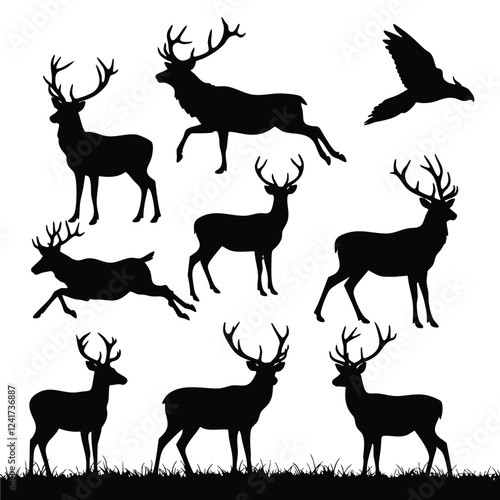  a collection of black silhouette deer in different poses against a plain white background