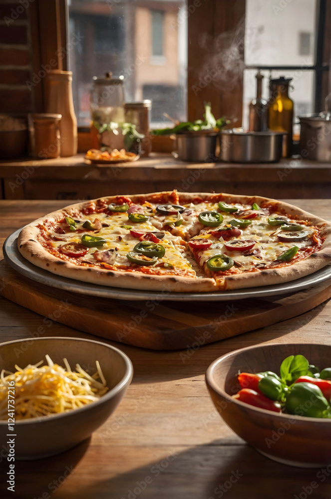 A freshly baked pizza with melted cheese, olives, and bell peppers sits on a wooden table in a cozy kitchen, celebrating National Pizza Day. A freshly baked pizza with melted cheese, olives, and bell peppers sits on a wooden table in a cozy kitchen, celebrating National Pizza Day.