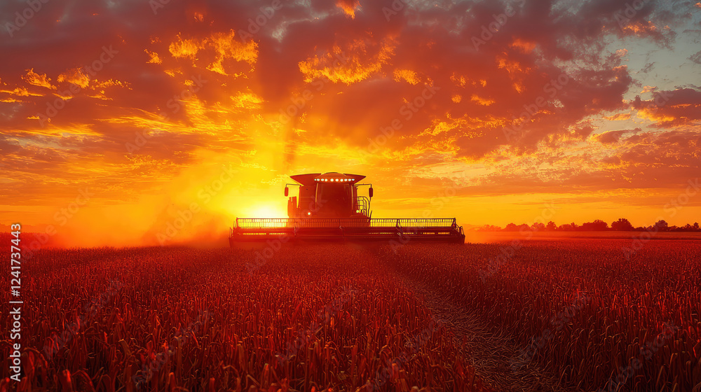 Fototapeta premium Farmer driving a combine harvester at sunset