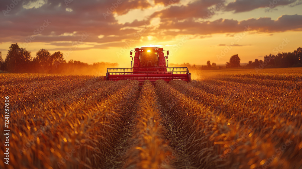 Fototapeta premium Farmer driving a combine harvester at sunset