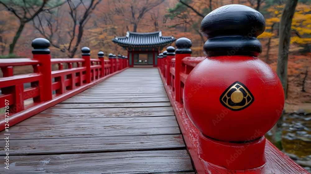 Red bridge to autumn temple, misty forest Red bridge to autumn temple, misty forest