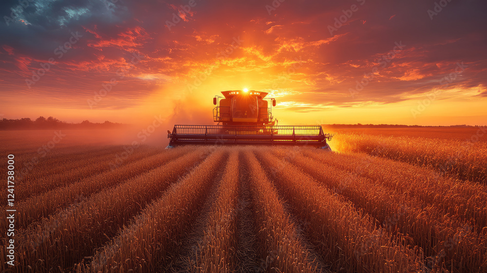 Fototapeta premium Farmer driving a combine harvester at sunset