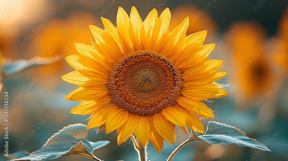 Fototapeta premium Close-up vibrant sunflower field sunset summer agriculture