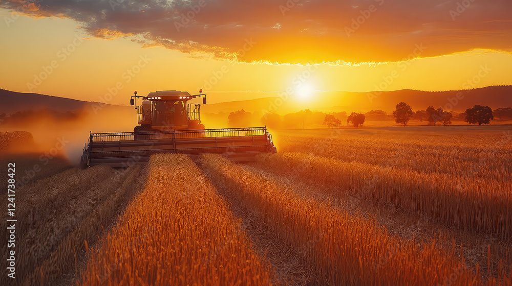 Fototapeta premium Farmer driving a combine harvester at sunset