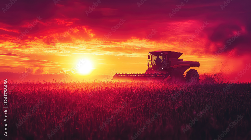 Fototapeta premium Farmer driving a combine harvester at sunset