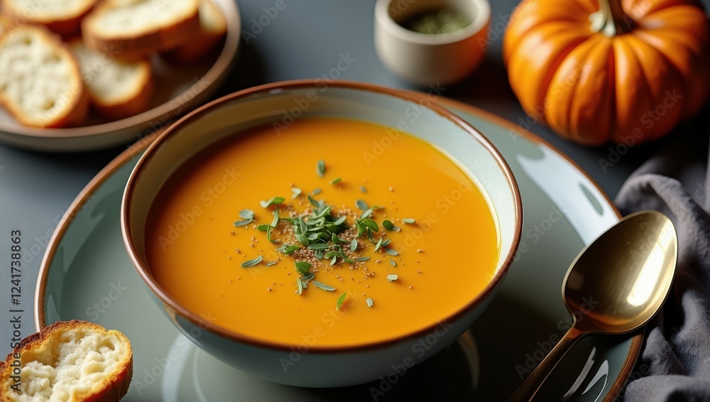 Top-down view of bowl of velvety pumpkin soup, surrounded by small pieces of toasted bread and pumpkin on background. Seasonal food Top-down view of bowl of velvety pumpkin soup, surrounded by small pieces of toasted bread and pumpkin on background. Seasonal food
