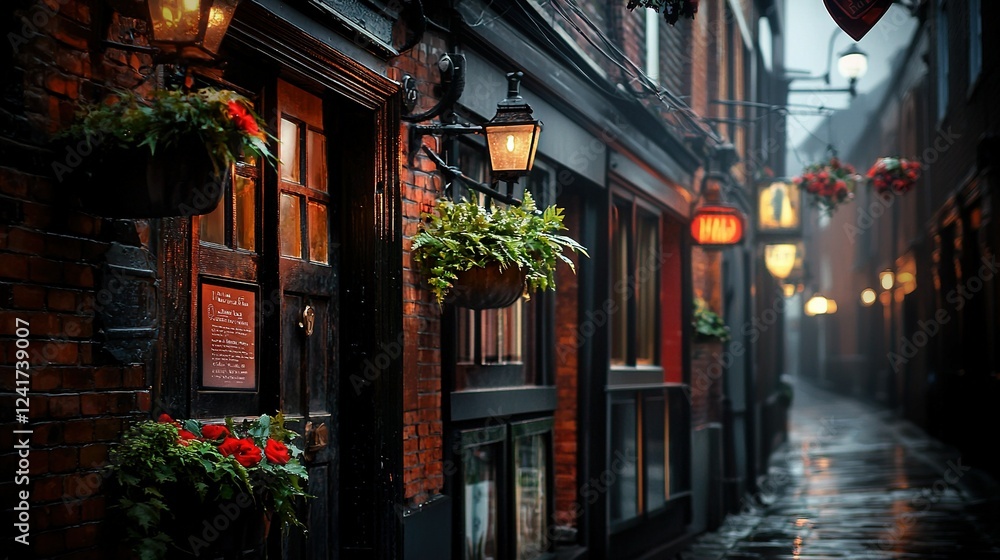Fototapeta premium Brick-lined street with hanging planters and building lights