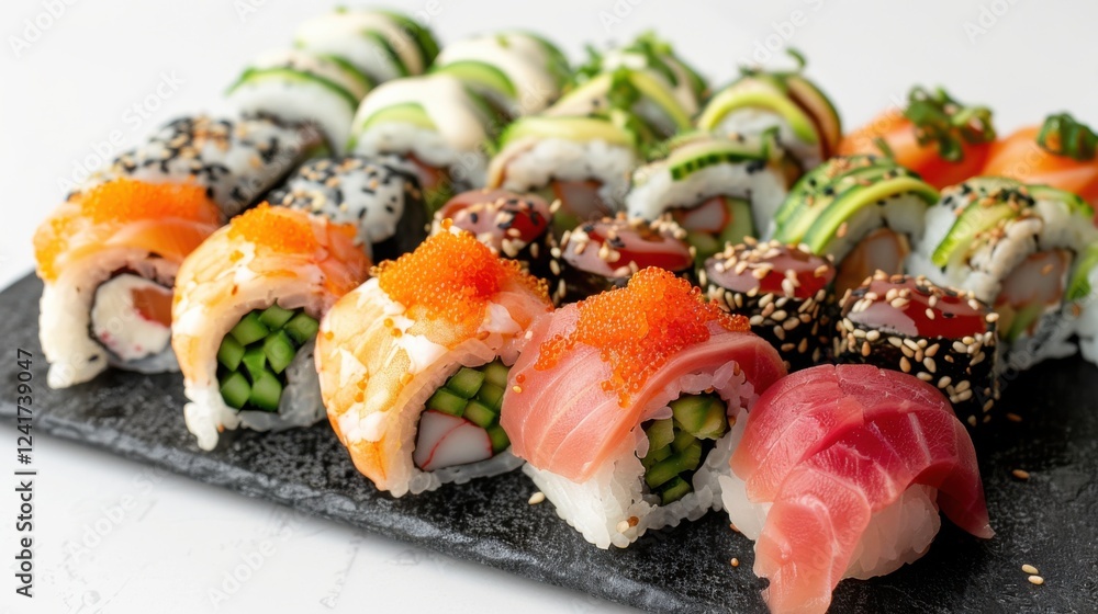 Detailed close-up of sushi varieties like dragon rolls, spicy tuna, and cucumber maki on a glossy black plate, set against a bright white background Detailed close-up of sushi varieties like dragon rolls, spicy tuna, and cucumber maki on a glossy black plate, set against a bright white background