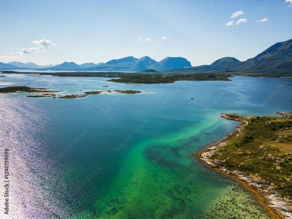 Naklejka premium Norway natural landscape in the north, Norland, Hamaroy area. Beautiful aerial landscape of Northern Norway with sea and mountains in Scandinavia by drone