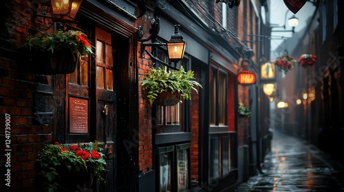 Fototapeta Naklejka Na Ścianę i Meble -    Brick-lined street with hanging planters and building lights