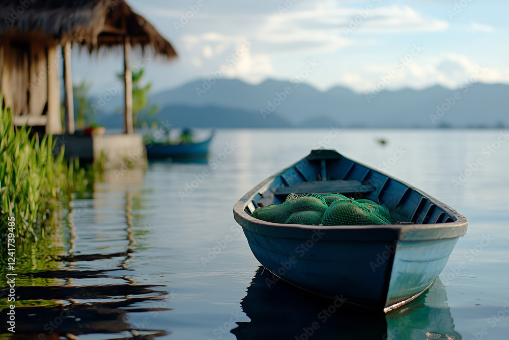 Naklejka premium a calm rowboat with bags of goods for trade at river