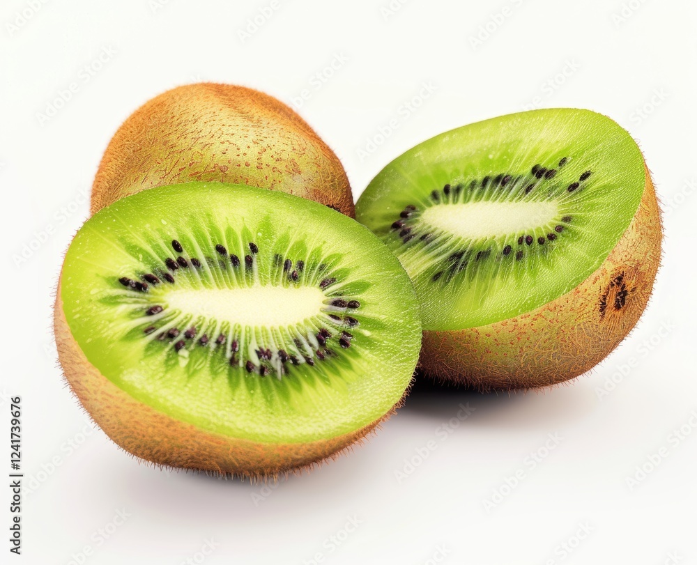 Fototapeta premium Whole and one sliced kiwi fruit on a solid isolated white background.