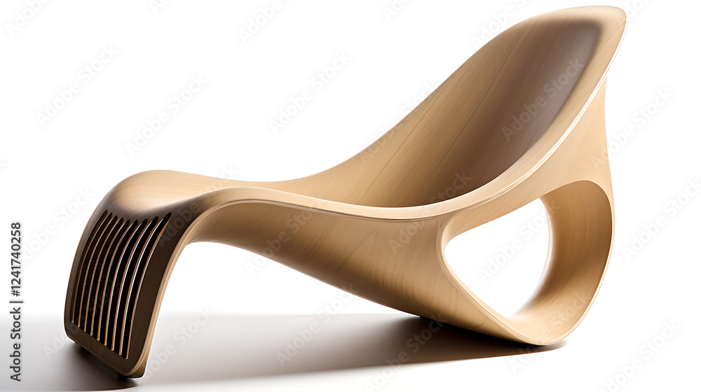 A wooden chair with a curved back and a curved seat A wooden chair with a curved back and a curved seat