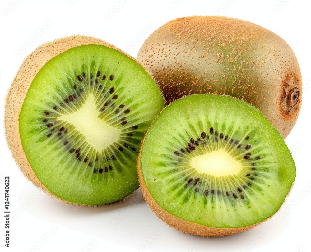 Obraz premium Whole and one sliced kiwi fruit on a solid isolated white background.