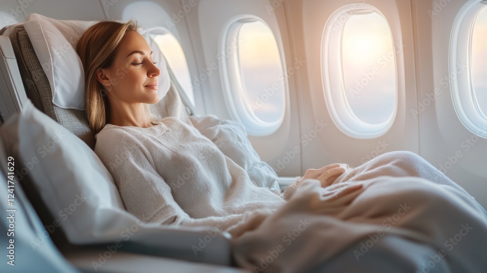 Woman peacefully sleeping in an airplane seat during a flight. Woman peacefully sleeping in an airplane seat during a flight.