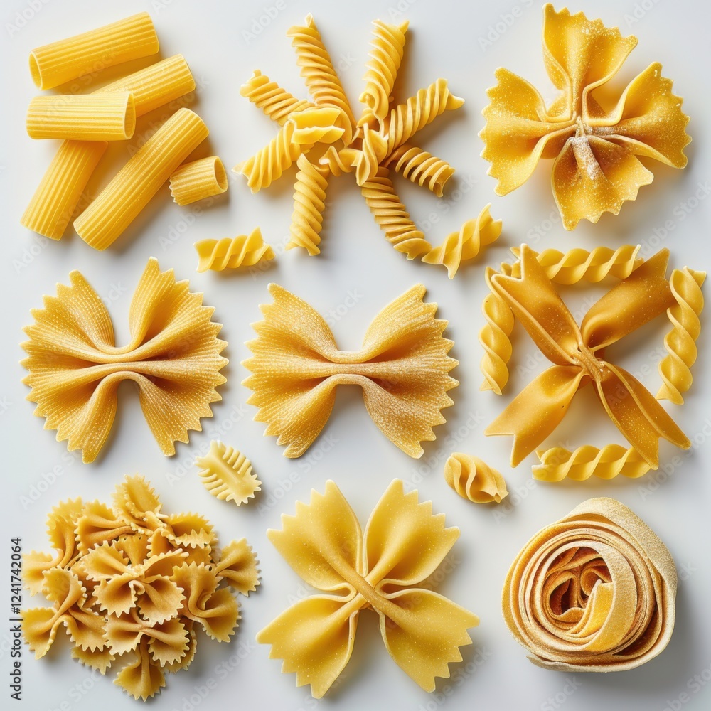 Detailed close-up of various pasta shapes including macaroni, spaghetti, and penne on a white background Detailed close-up of various pasta shapes including macaroni, spaghetti, and penne on a white background