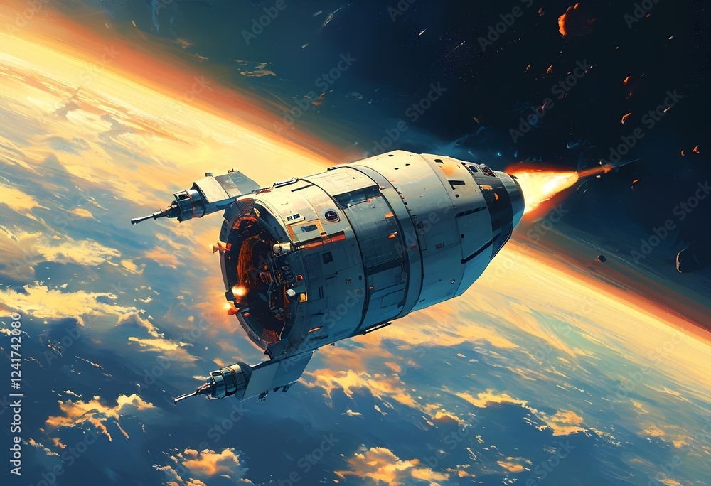 Obraz premium A spacecraft ascends through the atmosphere, powered by a fiery engine, as it approaches orbit above a cloud-covered Earth during dawn light.