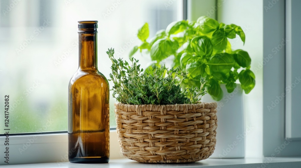 A green plant is placed in a woven wicker basket next to a brown glass bottle A green plant is placed in a woven wicker basket next to a brown glass bottle