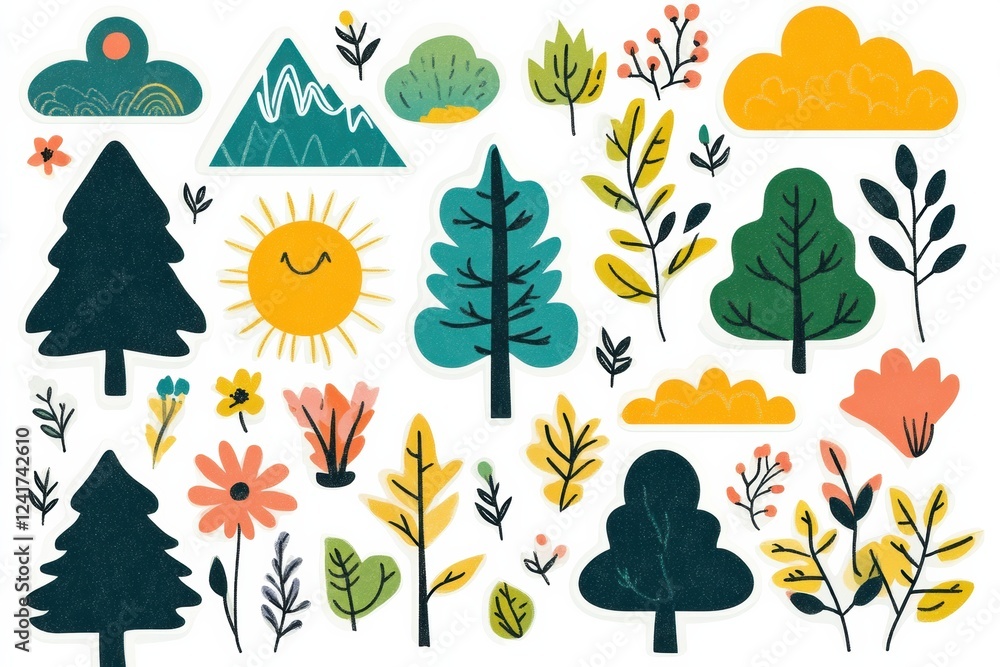Obraz premium Colorful collection of nature themed stickers featuring trees, flowers, sun, and mountains in playful designs. Generative AI