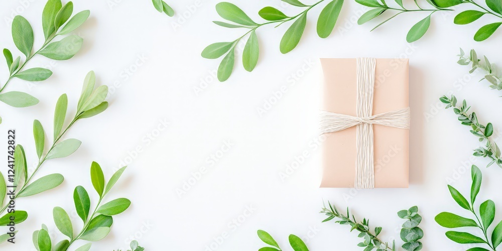 A kraft paper-wrapped gift tied with a simple string, surrounded by fresh green leaves on a white background. Perfect for sustainable celebrations or branding.