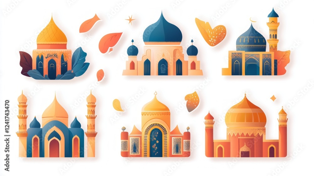 Collection of architectural illustrations of mosques. Collection of architectural illustrations of mosques.