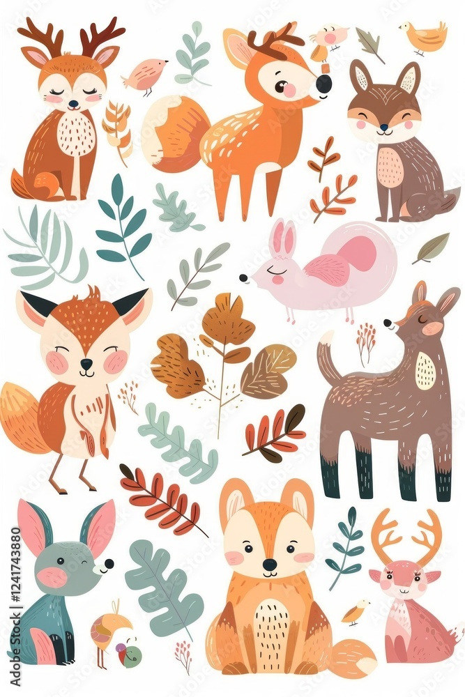 Naklejka premium Adorable woodland creatures enjoying autumn's embrace.