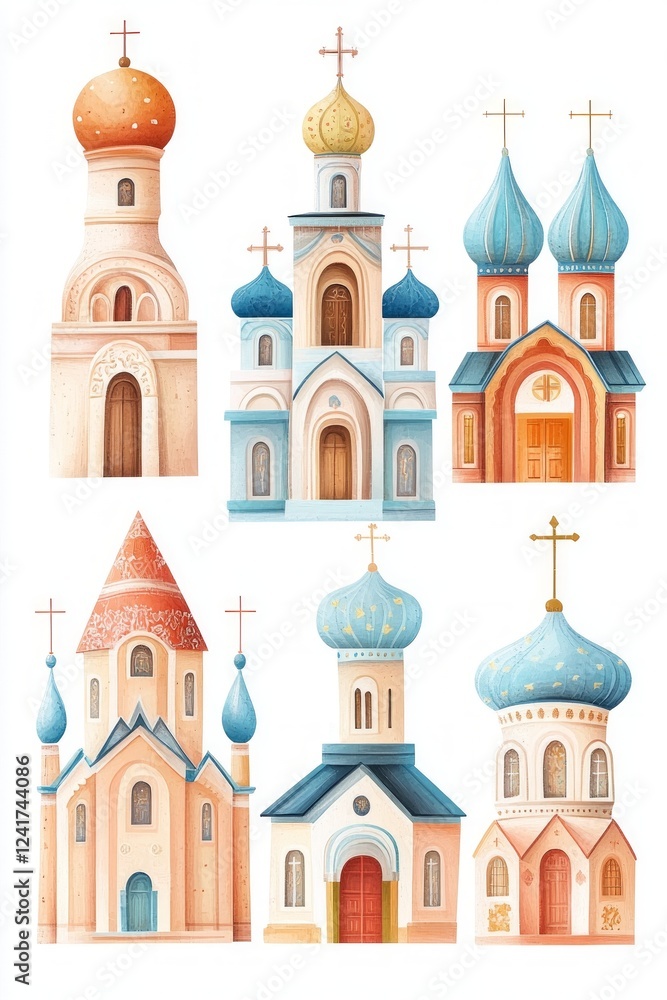 Fototapeta premium Collection of charming illustrations of various church designs.