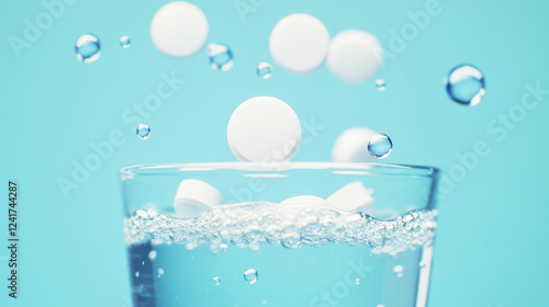 Close-up view of a medicine tablet dissolving in water with carbonated bubbles on blue background