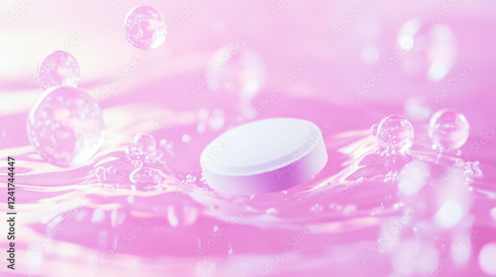 Close-up view of a white tablet dissolving in water against a soft pink and purple background Close-up view of a white tablet dissolving in water against a soft pink and purple background