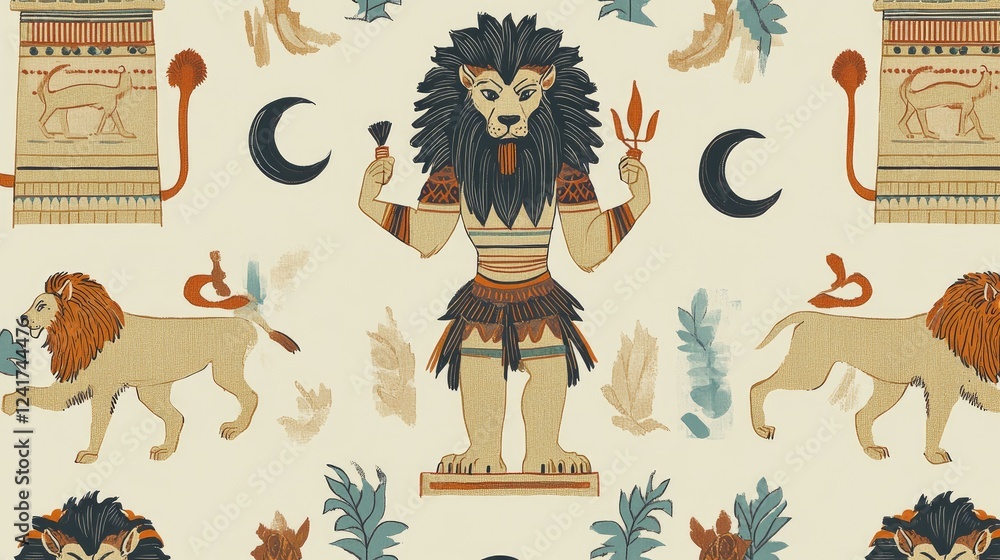 Fototapeta premium Anthropomorphic Lion-God Pattern Ancient Egyptian-Style Textile Design